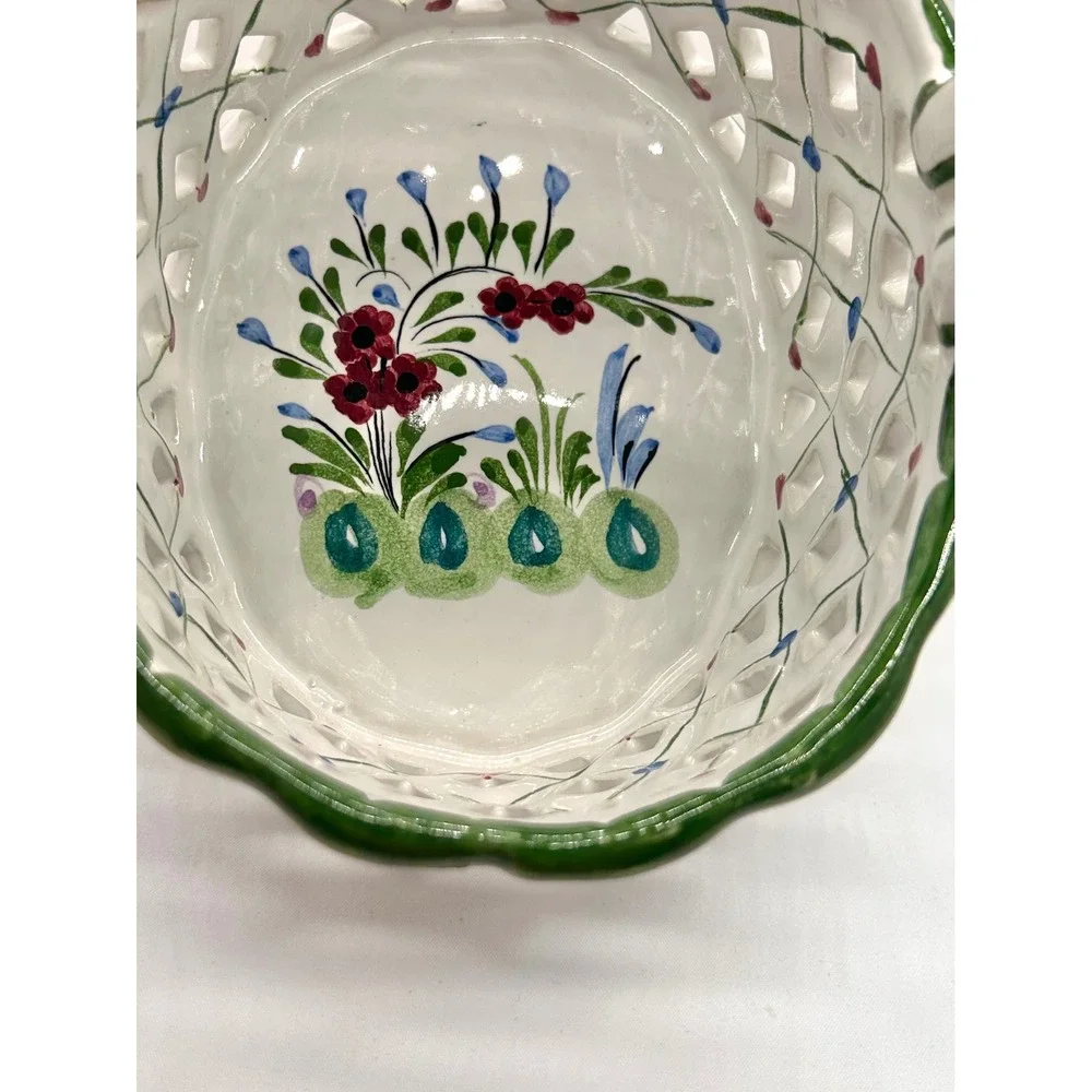 RCCL Hand Painted Portugal Ceramic Lattice Basket Floral Twisted Handle Floral